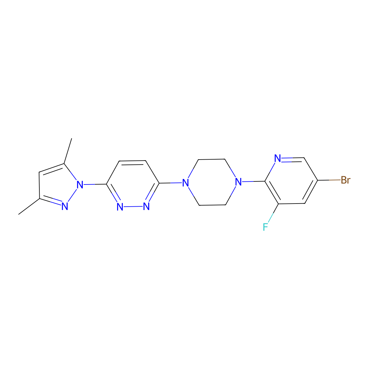 3-[4-(5-bromo-3-fluoropyridin-2-yl)piperazin-1-yl]-6-(3,5-dimethyl-1H-pyrazol-1-yl)pyridazine molecular structure, CAS 2877762-12-2