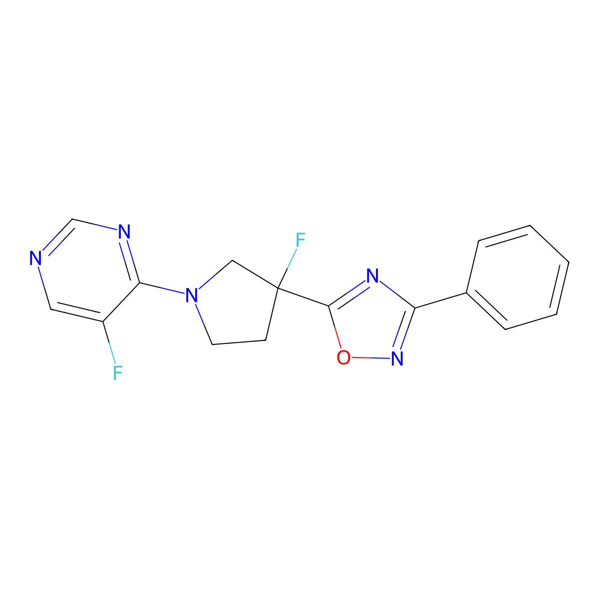 5-Fluoro-4-[3-fluoro-3-(3-phenyl-1,2,4-oxadiazol-5-yl)pyrrolidin-1-yl]pyrimidine molecular structure, CAS 2877762-14-4