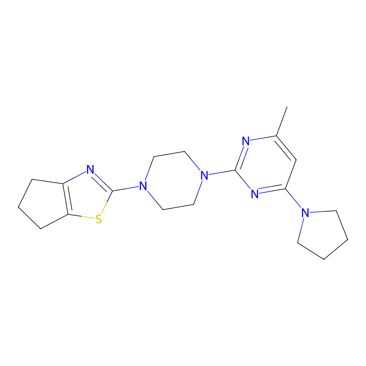 2-(4-{4H,5H,6H-cyclopenta[d][1,3]thiazol-2-yl}piperazin-1-yl)-4-methyl-6-(pyrrolidin-1-yl)pyrimidine molecular structure, CAS 2877762-21-3