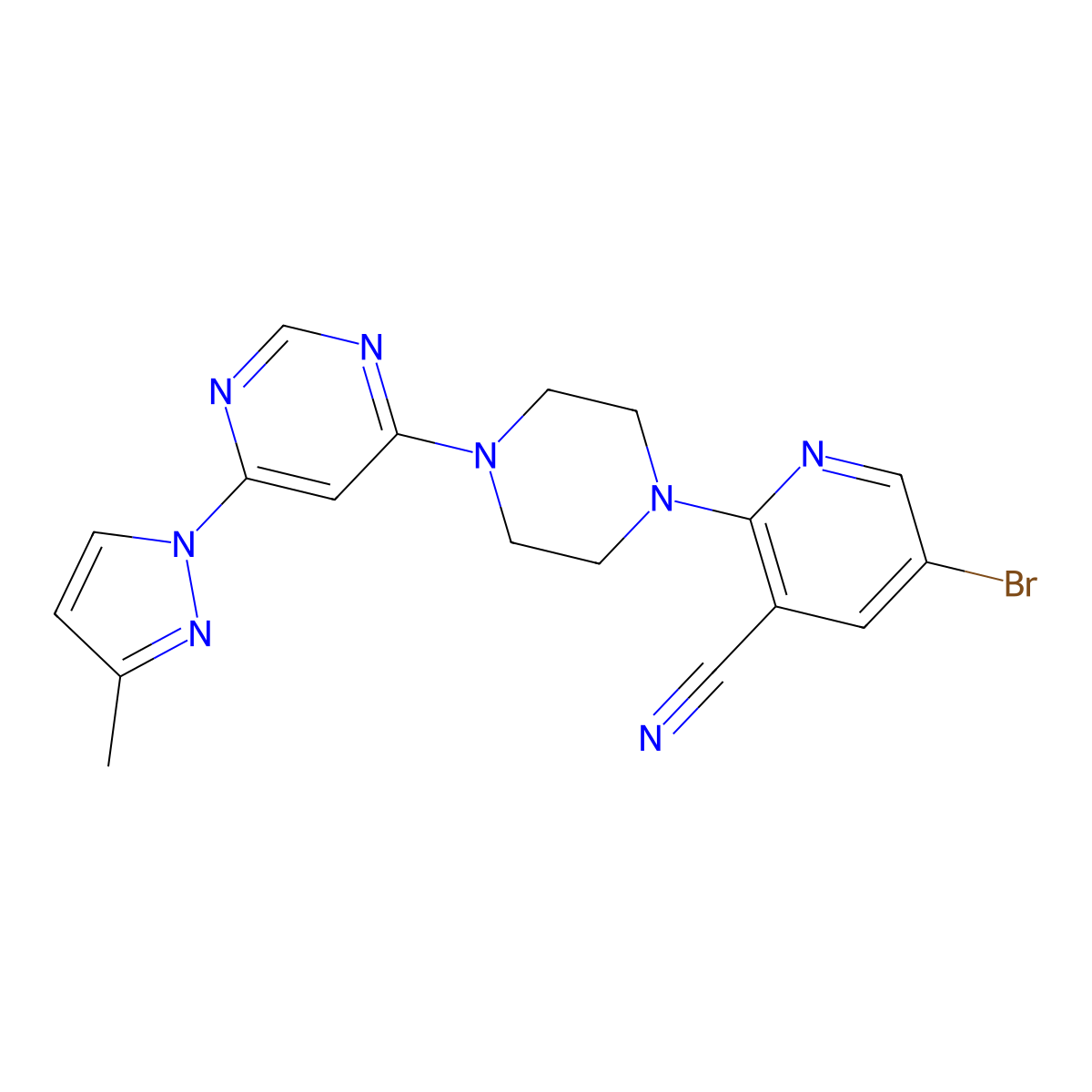 5-bromo-2-{4-[6-(3-methyl-1H-pyrazol-1-yl)pyrimidin-4-yl]piperazin-1-yl}pyridine-3-carbonitrile molecular structure, CAS 2877762-33-7