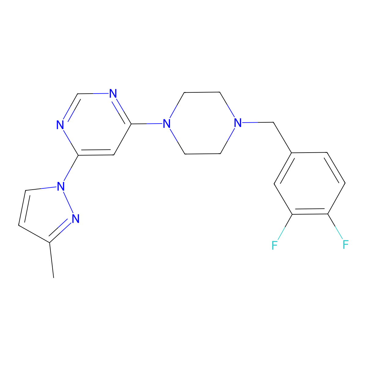 4-{4-[(3,4-difluorophenyl)methyl]piperazin-1-yl}-6-(3-methyl-1H-pyrazol-1-yl)pyrimidine molecular structure, CAS 2877762-43-9