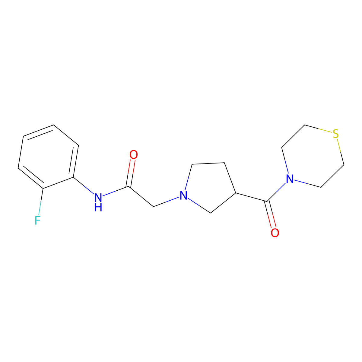 N-(2-fluorophenyl)-2-[3-(thiomorpholine-4-carbonyl)pyrrolidin-1-yl]acetamide molecular structure, CAS 2877762-56-4