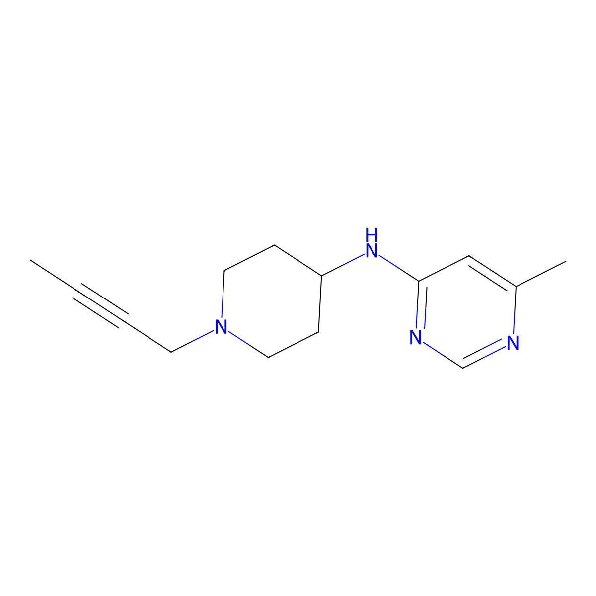 N-[1-(but-2-yn-1-yl)piperidin-4-yl]-6-methylpyrimidin-4-amine molecular structure, CAS 2877762-60-0