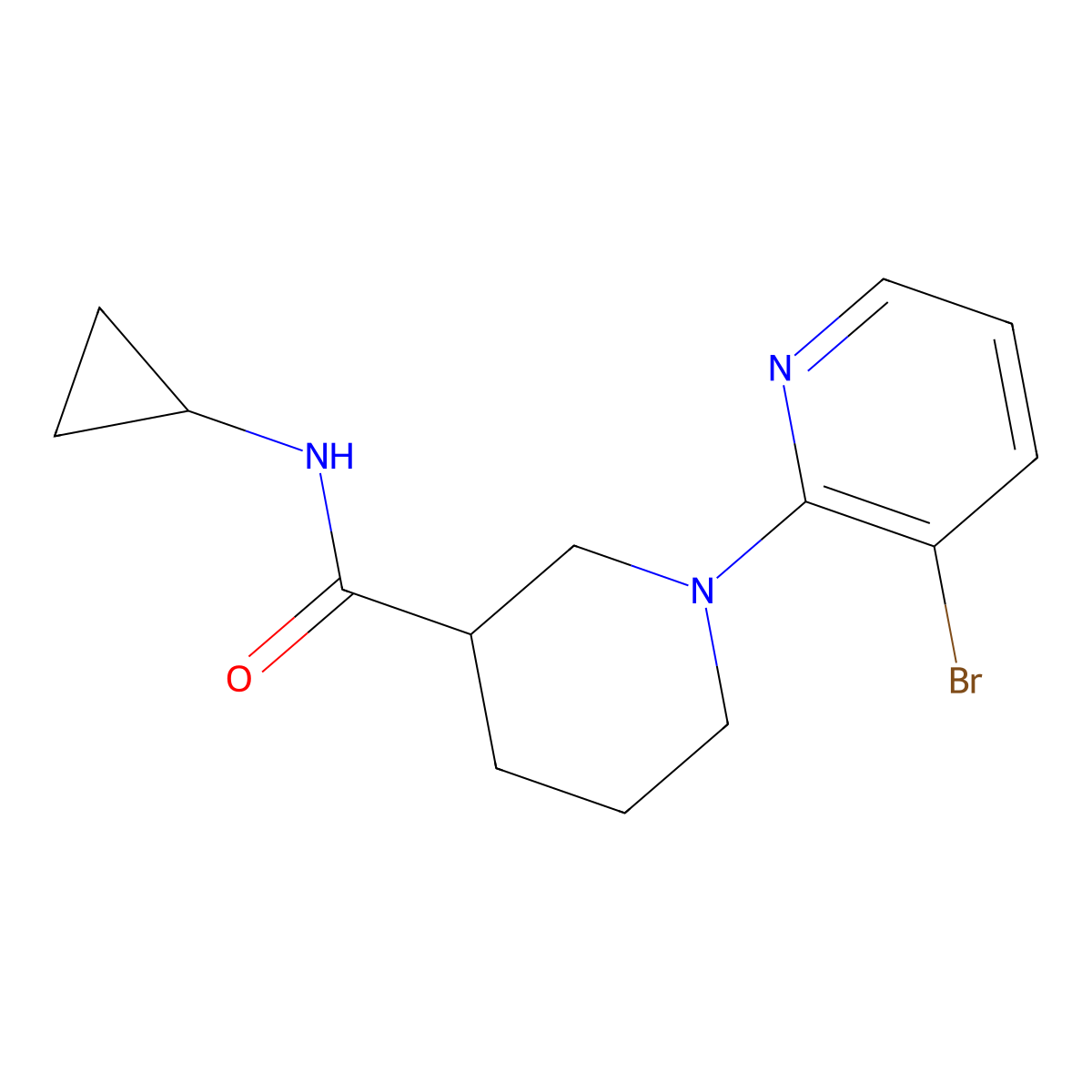 1-(3-bromopyridin-2-yl)-N-cyclopropylpiperidine-3-carboxamide molecular structure, CAS 2877762-72-4