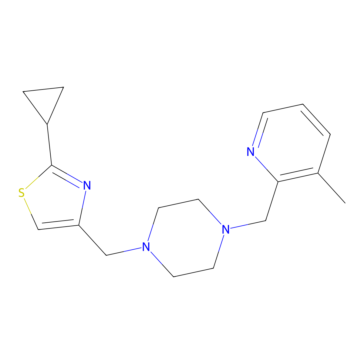1-[(2-Cyclopropyl-1,3-thiazol-4-yl)methyl]-4-[(3-methylpyridin-2-yl)methyl]piperazine molecular structure, CAS 2877762-75-7