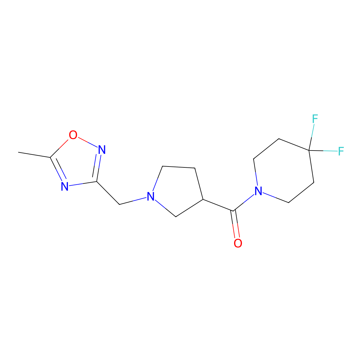4,4-Difluoro-1-{1-[(5-methyl-1,2,4-oxadiazol-3-yl)methyl]pyrrolidine-3-carbonyl}piperidine molecular structure, CAS 2877762-78-0