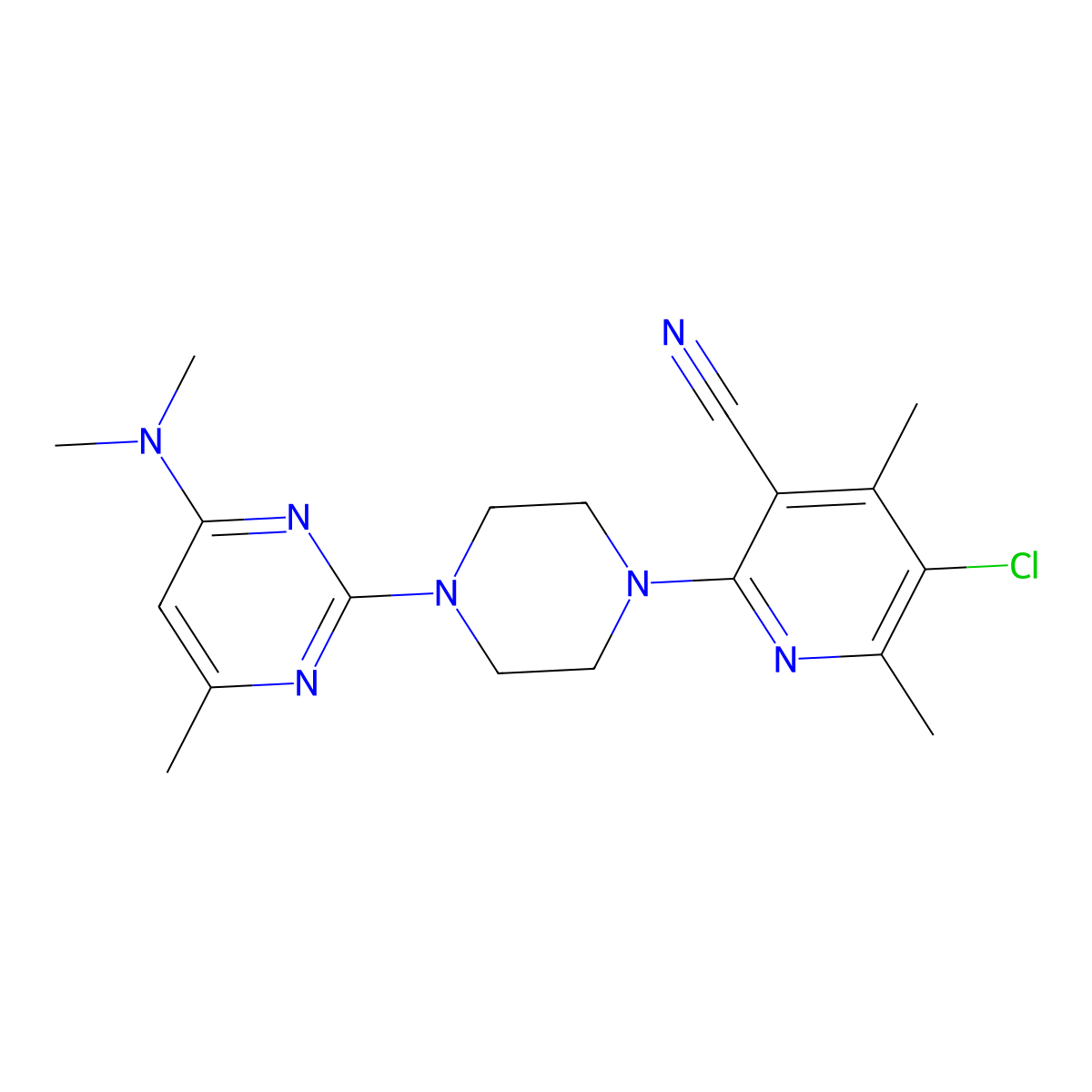 5-Chloro-2-{4-[4-(dimethylamino)-6-methylpyrimidin-2-yl]piperazin-1-yl}-4,6-dimethylpyridine-3-carbonitrile molecular structure, CAS 2877762-79-1