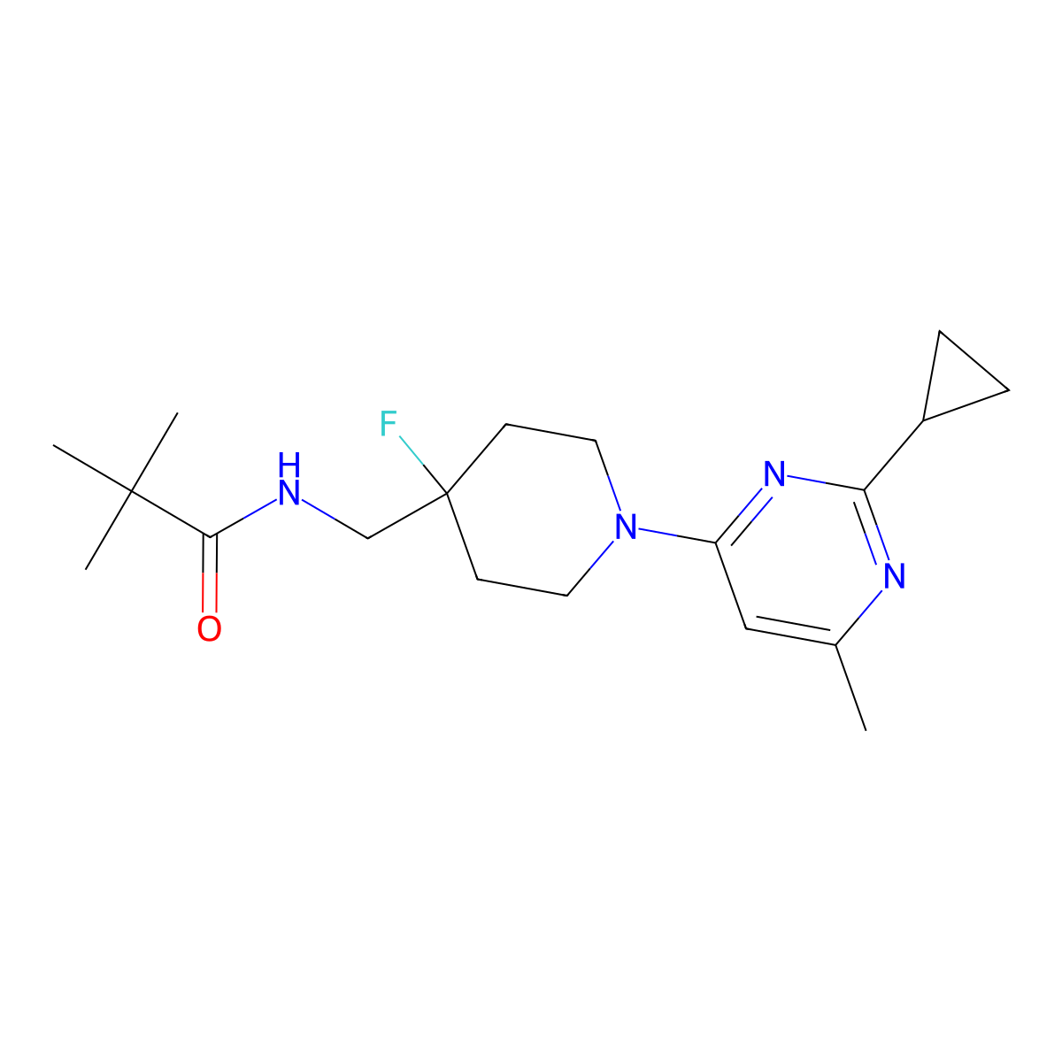 N-{[1-(2-cyclopropyl-6-methylpyrimidin-4-yl)-4-fluoropiperidin-4-yl]methyl}-2,2-dimethylpropanamide molecular structure, CAS 2877762-86-0