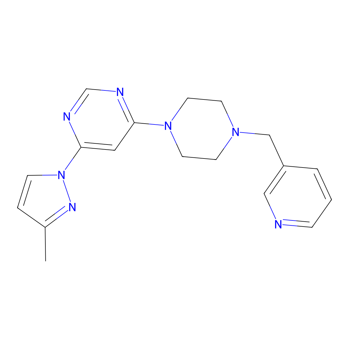 4-(3-methyl-1H-pyrazol-1-yl)-6-{4-[(pyridin-3-yl)methyl]piperazin-1-yl}pyrimidine molecular structure, CAS 2877762-87-1
