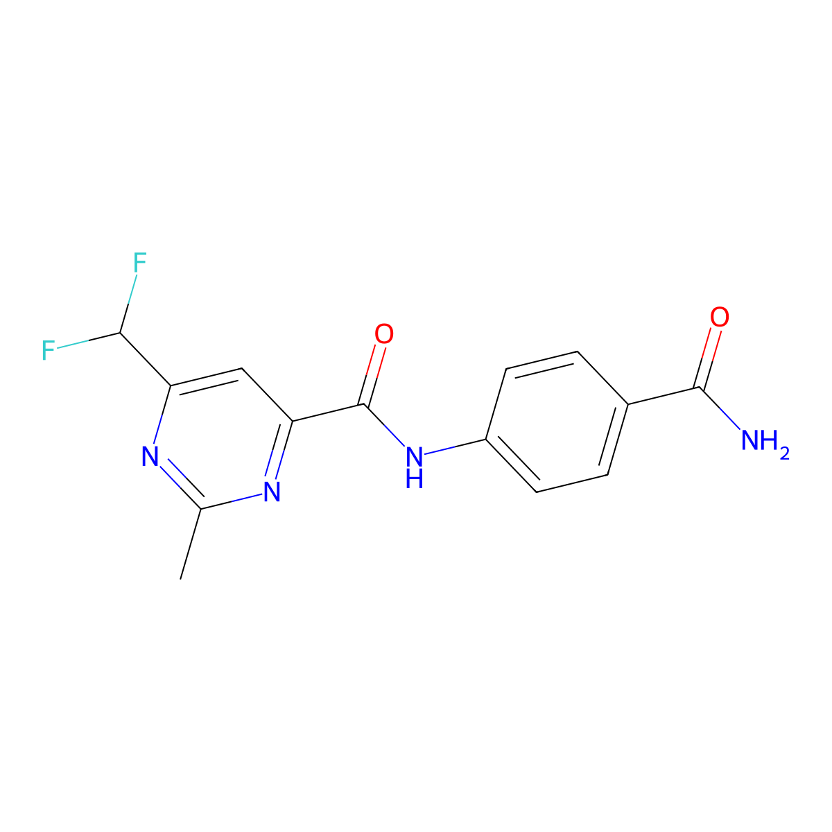 N-(4-carbamoylphenyl)-6-(difluoromethyl)-2-methylpyrimidine-4-carboxamide molecular structure, CAS 2877762-88-2