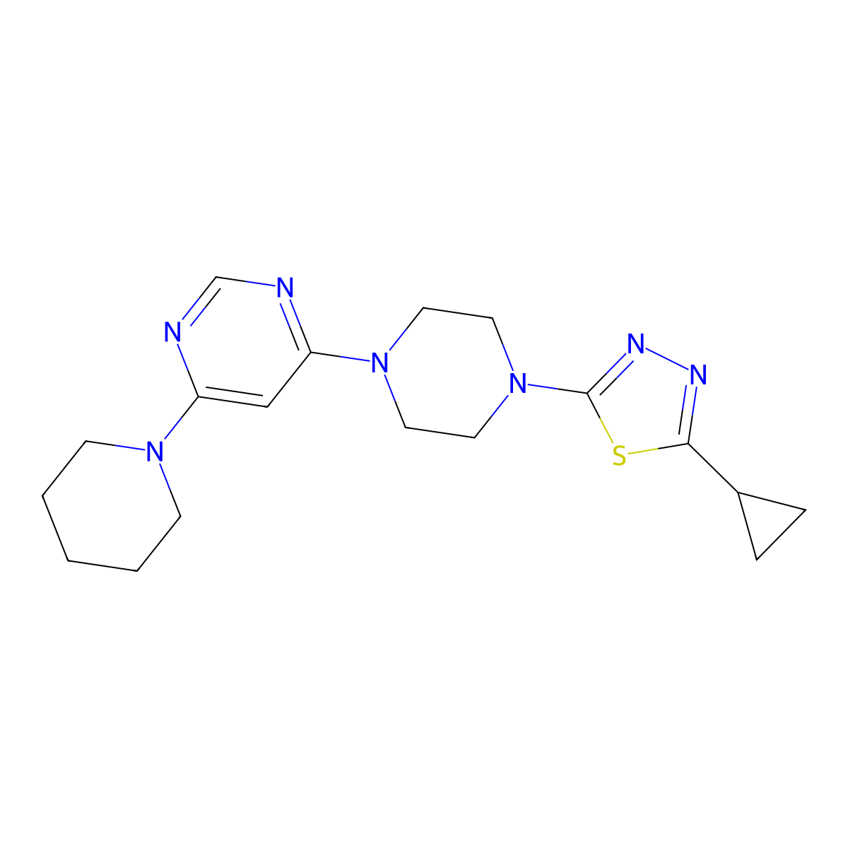 4-[4-(5-Cyclopropyl-1,3,4-thiadiazol-2-yl)piperazin-1-yl]-6-(piperidin-1-yl)pyrimidine molecular structure, CAS 2877762-90-6