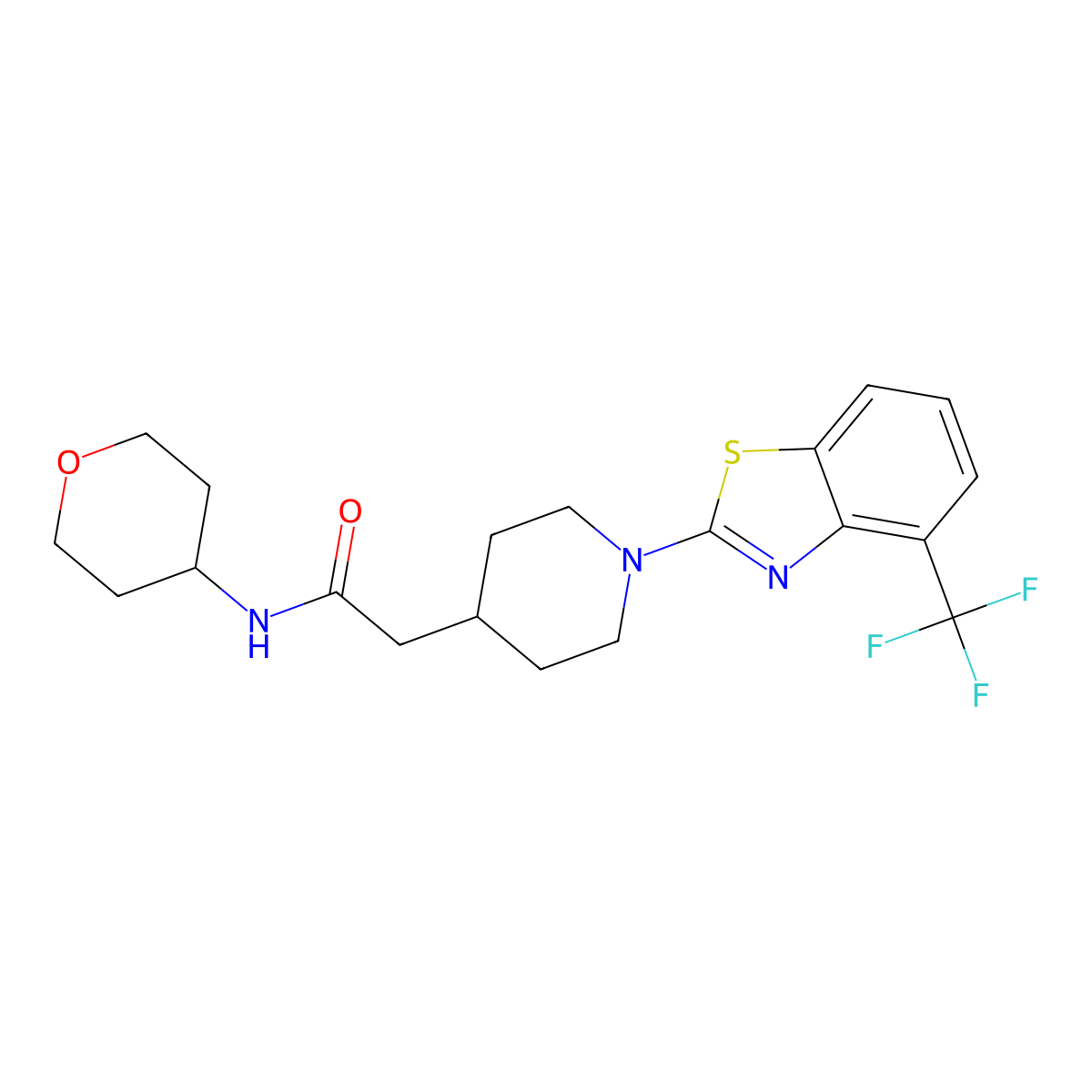 N-(oxan-4-yl)-2-{1-[4-(trifluoromethyl)-1,3-benzothiazol-2-yl]piperidin-4-yl}acetamide molecular structure, CAS 2877762-94-0