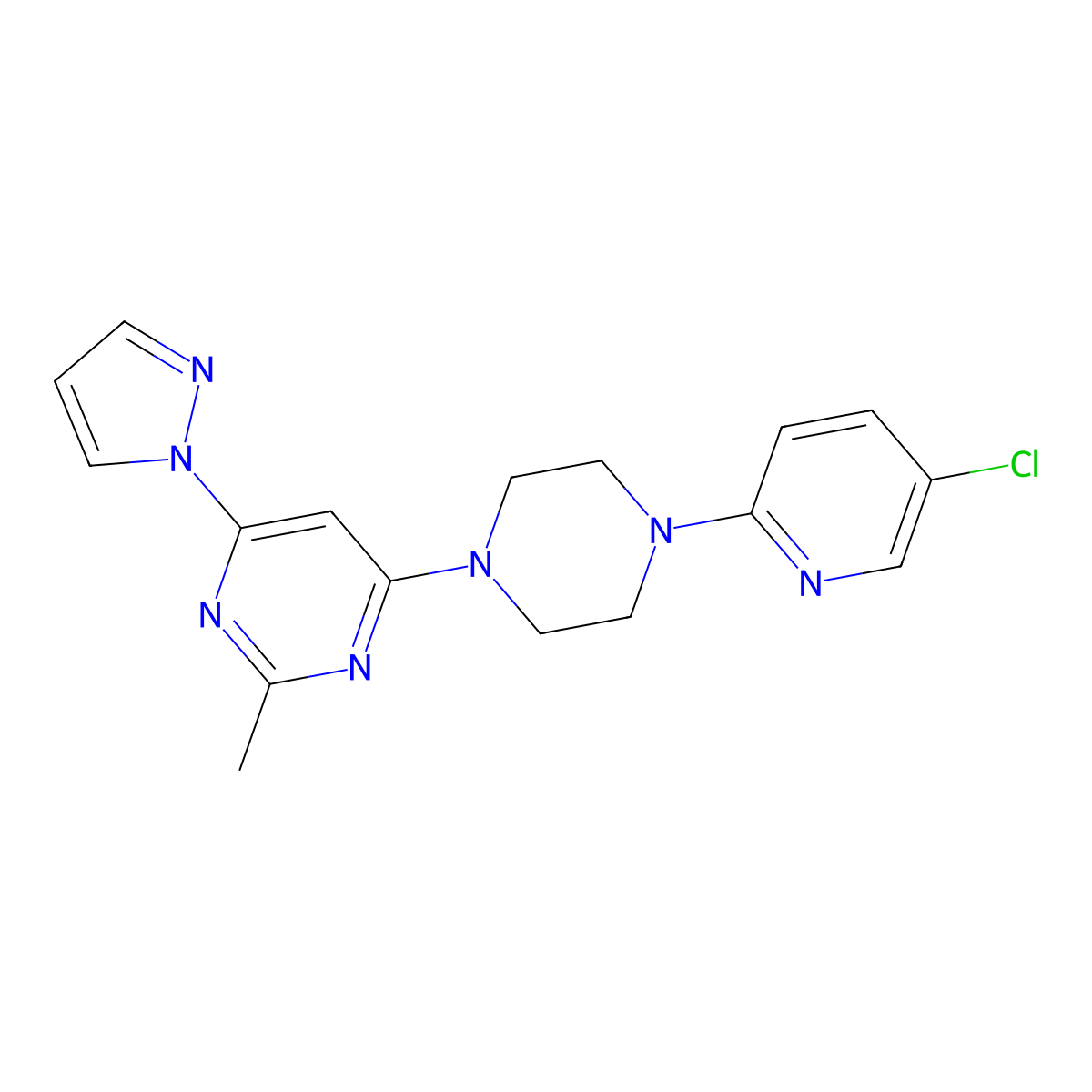 4-[4-(5-chloropyridin-2-yl)piperazin-1-yl]-2-methyl-6-(1H-pyrazol-1-yl)pyrimidine molecular structure, CAS 2877762-97-3