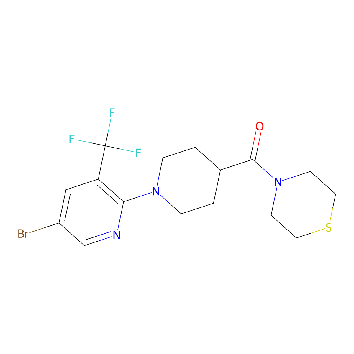 4-{1-[5-Bromo-3-(trifluoromethyl)pyridin-2-yl]piperidine-4-carbonyl}thiomorpholine molecular structure, CAS 2877762-98-4