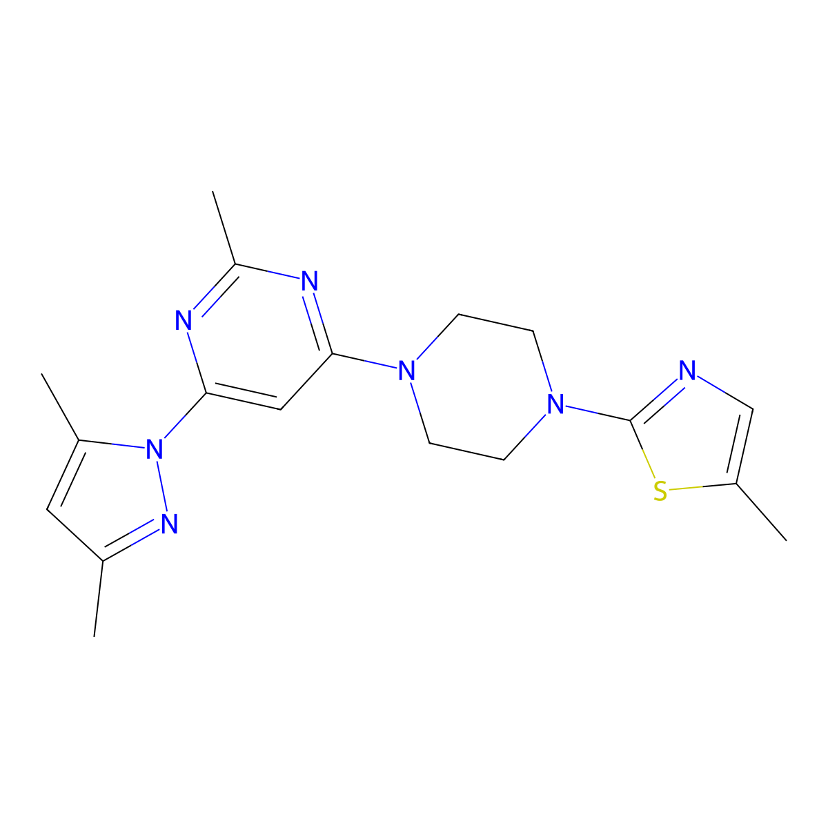 4-(3,5-dimethyl-1H-pyrazol-1-yl)-2-methyl-6-[4-(5-methyl-1,3-thiazol-2-yl)piperazin-1-yl]pyrimidine molecular structure, CAS 2877763-01-2