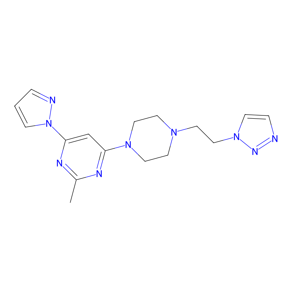 2-methyl-4-(1H-pyrazol-1-yl)-6-{4-[2-(1H-1,2,3-triazol-1-yl)ethyl]piperazin-1-yl}pyrimidine molecular structure, CAS 2877763-05-6