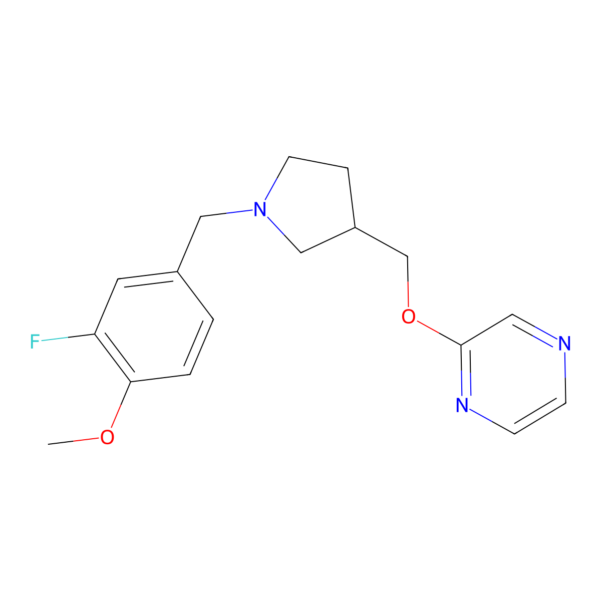 2-({1-[(3-Fluoro-4-methoxyphenyl)methyl]pyrrolidin-3-yl}methoxy)pyrazine molecular structure, CAS 2877763-06-7