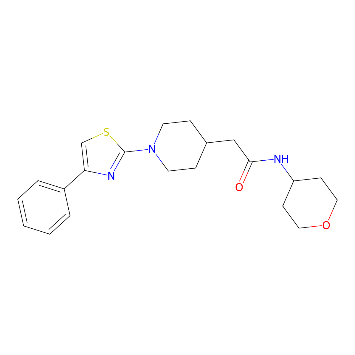 N-(oxan-4-yl)-2-[1-(4-phenyl-1,3-thiazol-2-yl)piperidin-4-yl]acetamide molecular structure, CAS 2877763-10-3