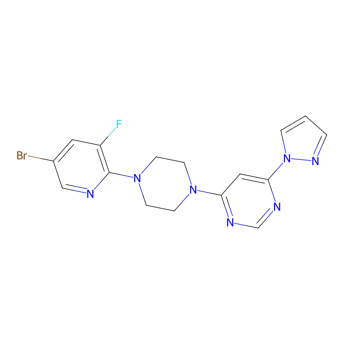 4-[4-(5-Bromo-3-fluoropyridin-2-yl)piperazin-1-yl]-6-pyrazol-1-ylpyrimidine molecular structure, CAS 2877763-14-7