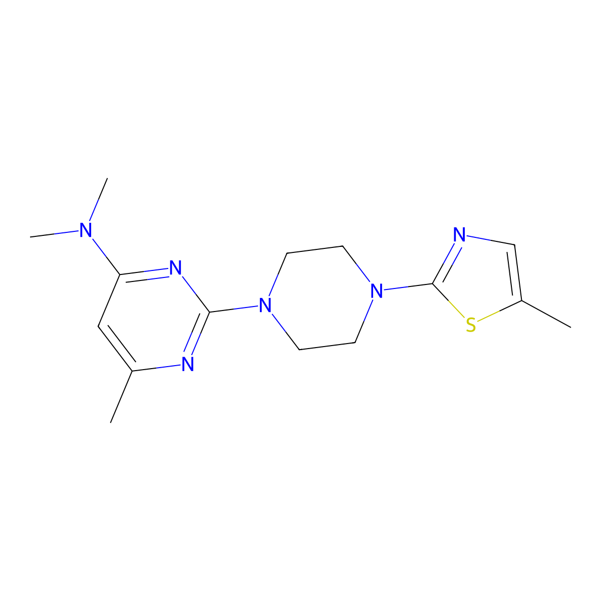 N,N,6-trimethyl-2-[4-(5-methyl-1,3-thiazol-2-yl)piperazin-1-yl]pyrimidin-4-amine molecular structure, CAS 2877763-15-8