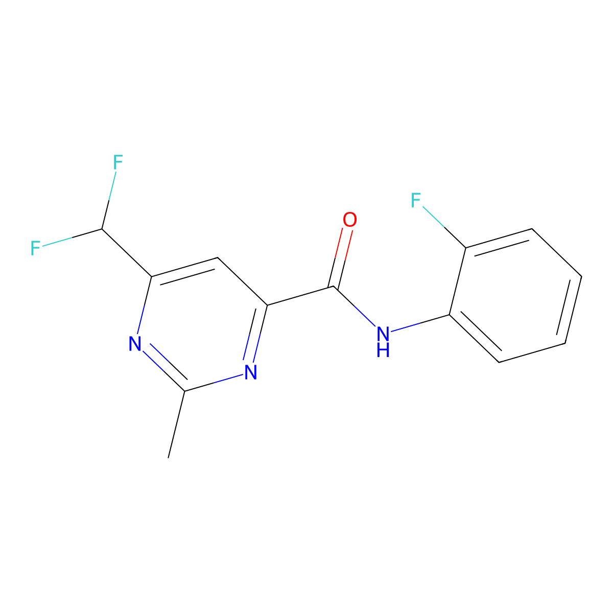 6-(difluoromethyl)-N-(2-fluorophenyl)-2-methylpyrimidine-4-carboxamide molecular structure, CAS 2877763-16-9
