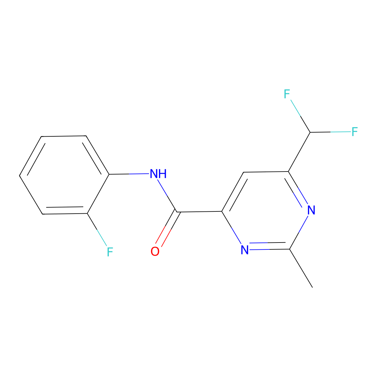 6-(difluoromethyl)-N-(2-fluorophenyl)-2-methylpyrimidine-4-carboxamide molecular structure, CAS 2877763-16-9