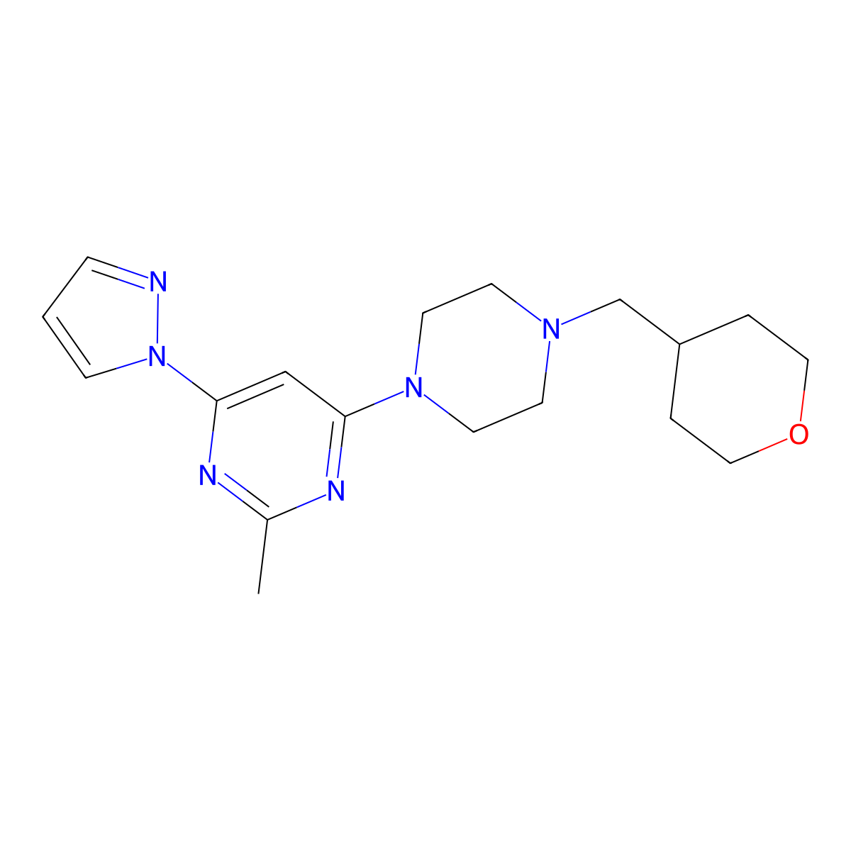 2-methyl-4-{4-[(oxan-4-yl)methyl]piperazin-1-yl}-6-(1H-pyrazol-1-yl)pyrimidine molecular structure, CAS 2877763-28-3