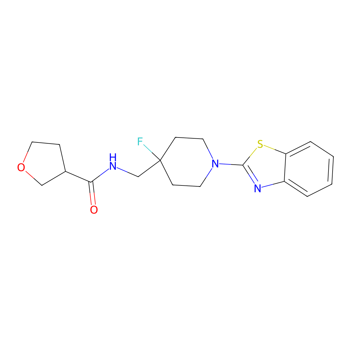 N-{[1-(1,3-benzothiazol-2-yl)-4-fluoropiperidin-4-yl]methyl}oxolane-3-carboxamide molecular structure, CAS 2877763-29-4