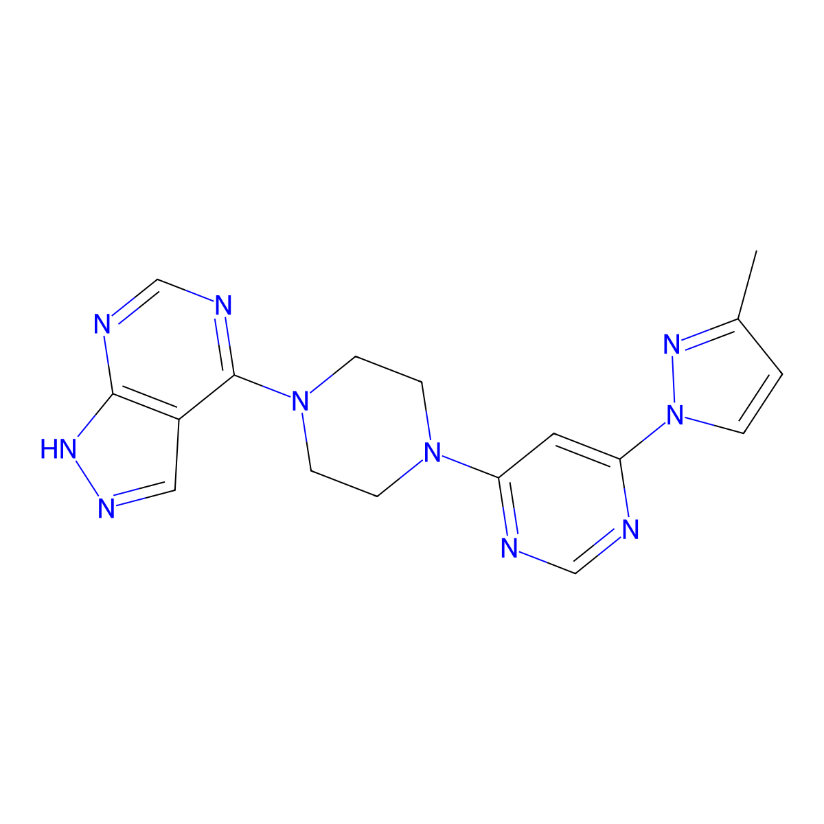 4-(3-methyl-1H-pyrazol-1-yl)-6-(4-{1H-pyrazolo[3,4-d]pyrimidin-4-yl}piperazin-1-yl)pyrimidine molecular structure, CAS 2877763-30-7