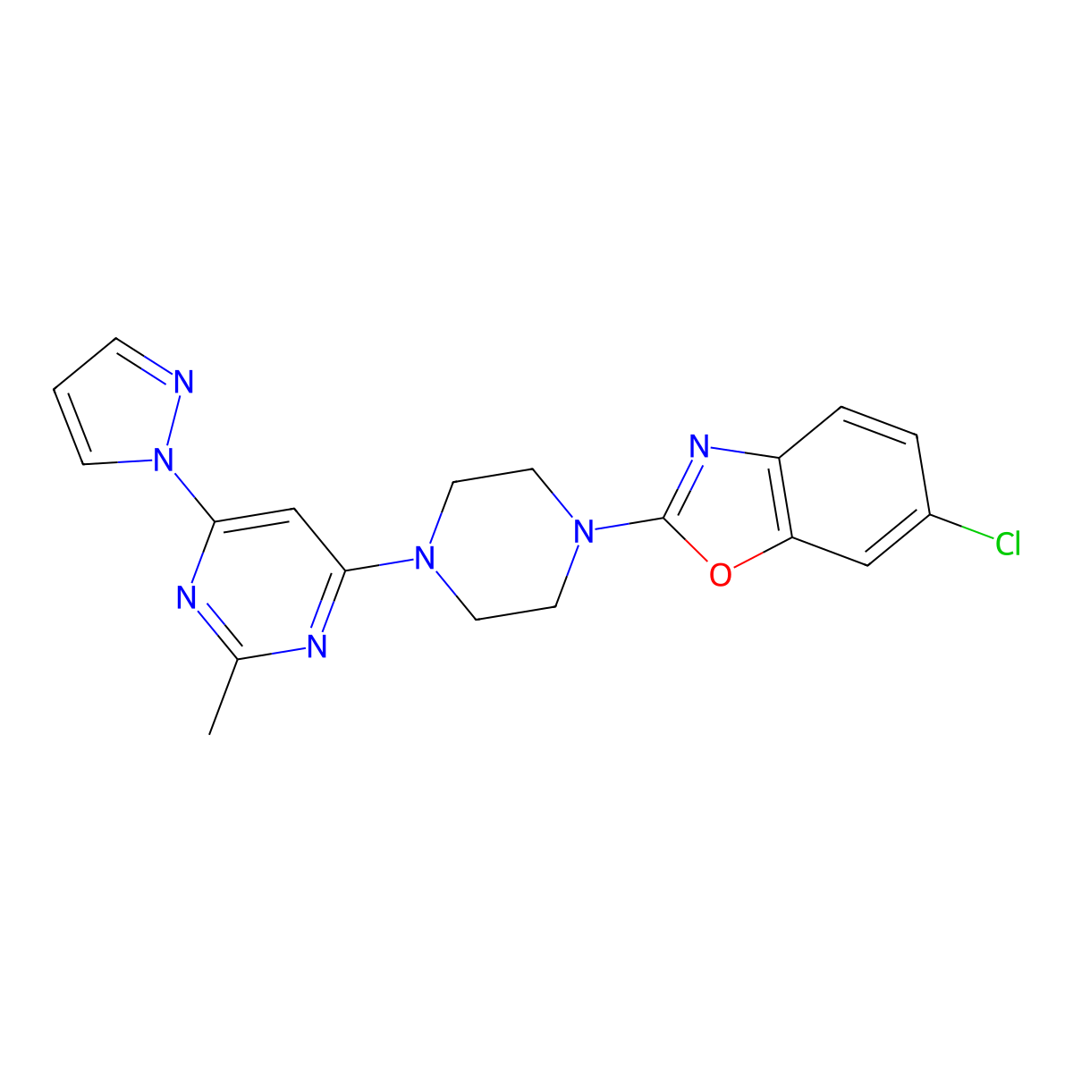 6-chloro-2-{4-[2-methyl-6-(1H-pyrazol-1-yl)pyrimidin-4-yl]piperazin-1-yl}-1,3-benzoxazole molecular structure, CAS 2877763-39-6