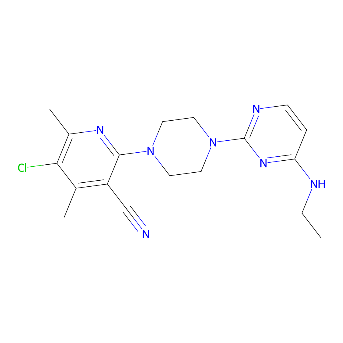 5-Chloro-2-{4-[4-(ethylamino)pyrimidin-2-yl]piperazin-1-yl}-4,6-dimethylpyridine-3-carbonitrile molecular structure, CAS 2877763-40-9