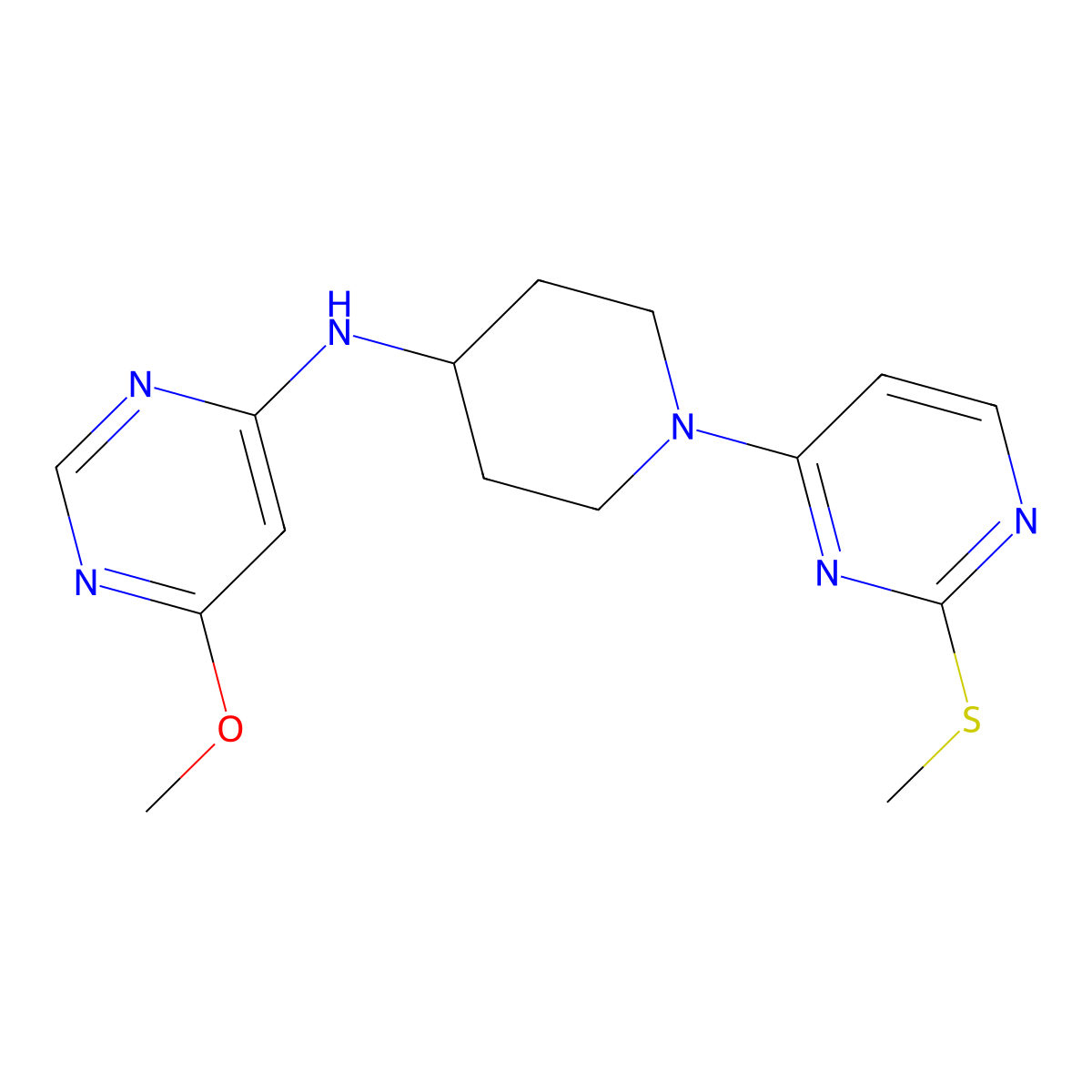 6-methoxy-N-{1-[2-(methylsulfanyl)pyrimidin-4-yl]piperidin-4-yl}pyrimidin-4-amine molecular structure, CAS 2877763-55-6
