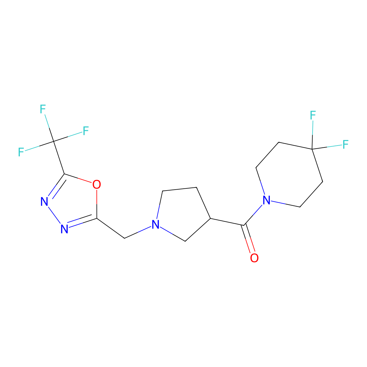 4,4-Difluoro-1-(1-{[5-(trifluoromethyl)-1,3,4-oxadiazol-2-yl]methyl}pyrrolidine-3-carbonyl)piperidine molecular structure, CAS 2877763-60-3