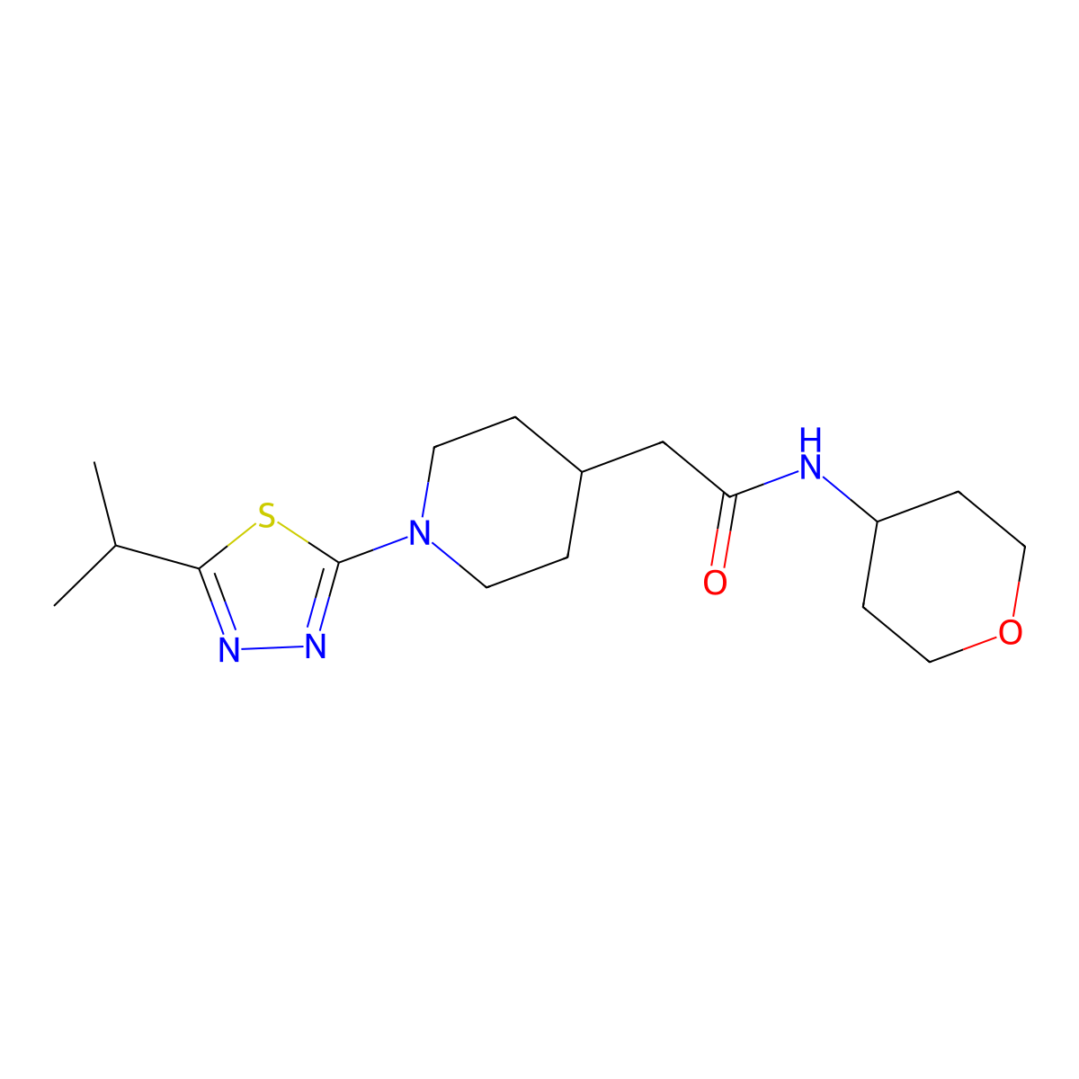 N-(oxan-4-yl)-2-{1-[5-(propan-2-yl)-1,3,4-thiadiazol-2-yl]piperidin-4-yl}acetamide molecular structure, CAS 2877763-63-6