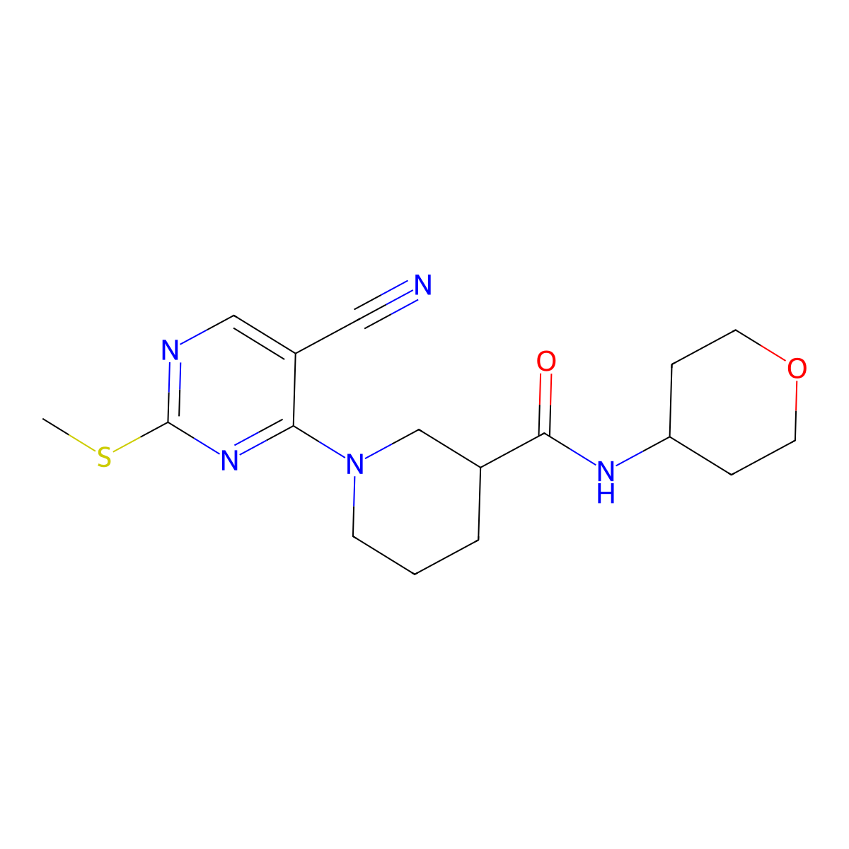 1-[5-cyano-2-(methylsulfanyl)pyrimidin-4-yl]-N-(oxan-4-yl)piperidine-3-carboxamide molecular structure, CAS 2877763-66-9
