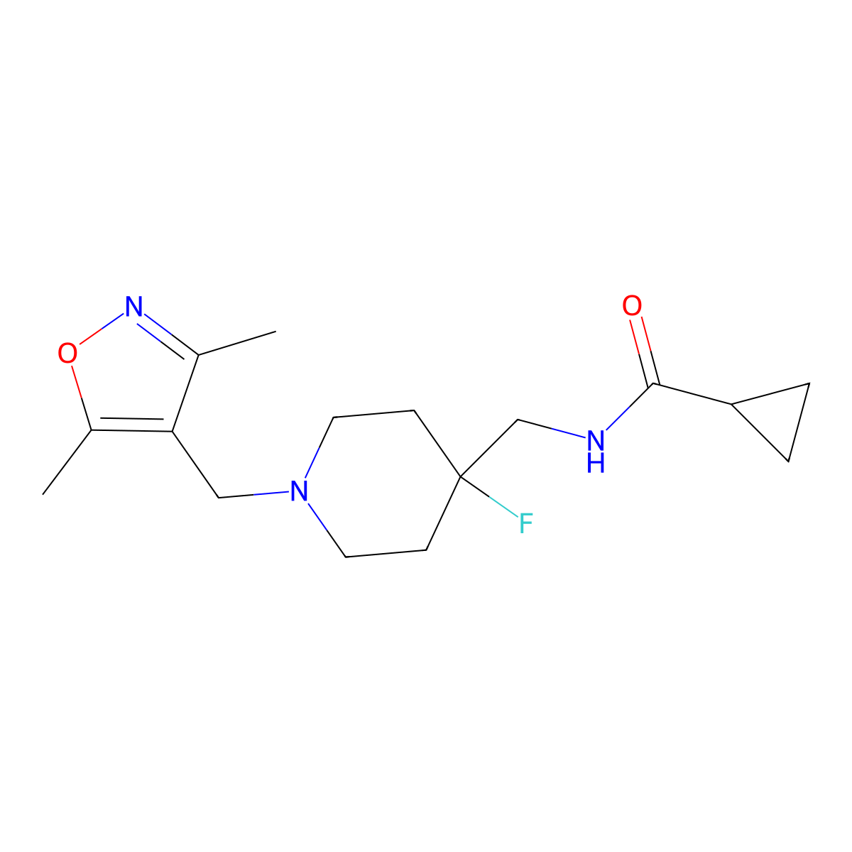 N-({1-[(3,5-dimethyl-1,2-oxazol-4-yl)methyl]-4-fluoropiperidin-4-yl}methyl)cyclopropanecarboxamide molecular structure, CAS 2877763-67-0