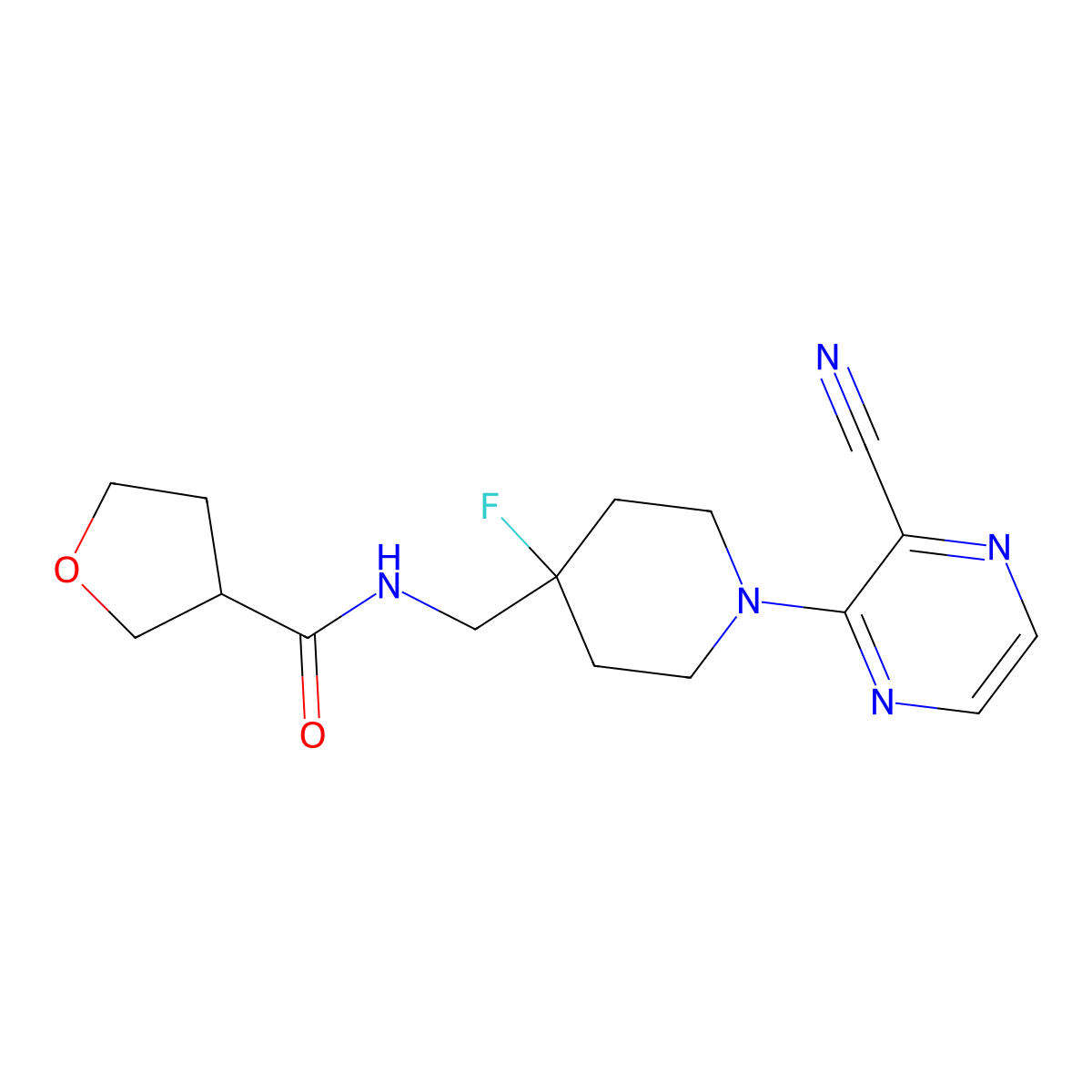 N-{[1-(3-cyanopyrazin-2-yl)-4-fluoropiperidin-4-yl]methyl}oxolane-3-carboxamide molecular structure, CAS 2877763-70-5
