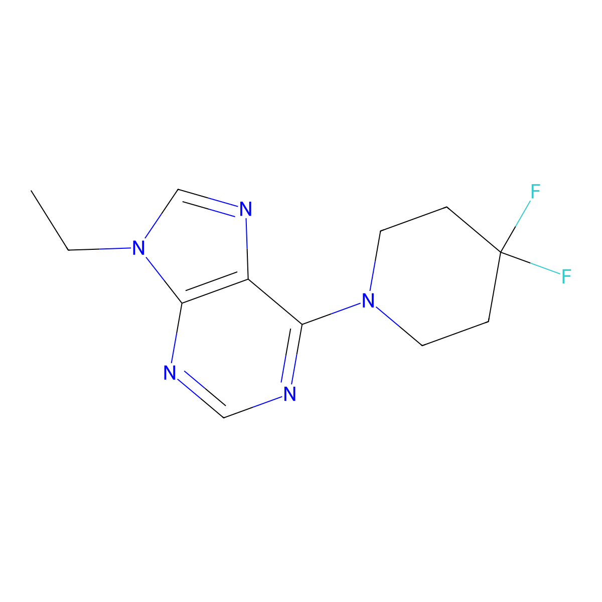 6-(4,4-difluoropiperidin-1-yl)-9-ethyl-9H-purine molecular structure, CAS 2877763-74-9