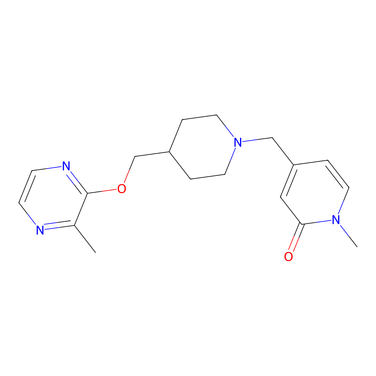 1-Methyl-4-[(4-{[(3-methylpyrazin-2-yl)oxy]methyl}piperidin-1-yl)methyl]-1,2-dihydropyridin-2-one molecular structure, CAS 2877763-75-0