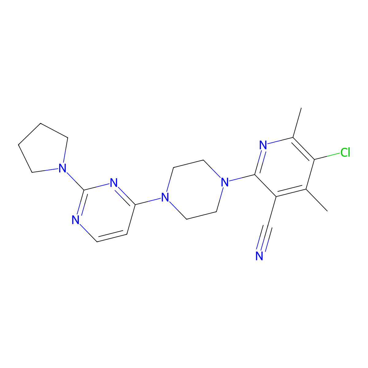 5-Chloro-4,6-dimethyl-2-[4-(2-pyrrolidin-1-ylpyrimidin-4-yl)piperazin-1-yl]pyridine-3-carbonitrile molecular structure, CAS 2877763-81-8