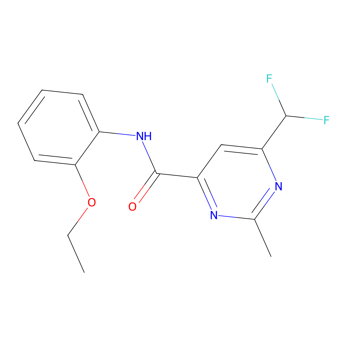 6-(difluoromethyl)-N-(2-ethoxyphenyl)-2-methylpyrimidine-4-carboxamide molecular structure, CAS 2877763-85-2