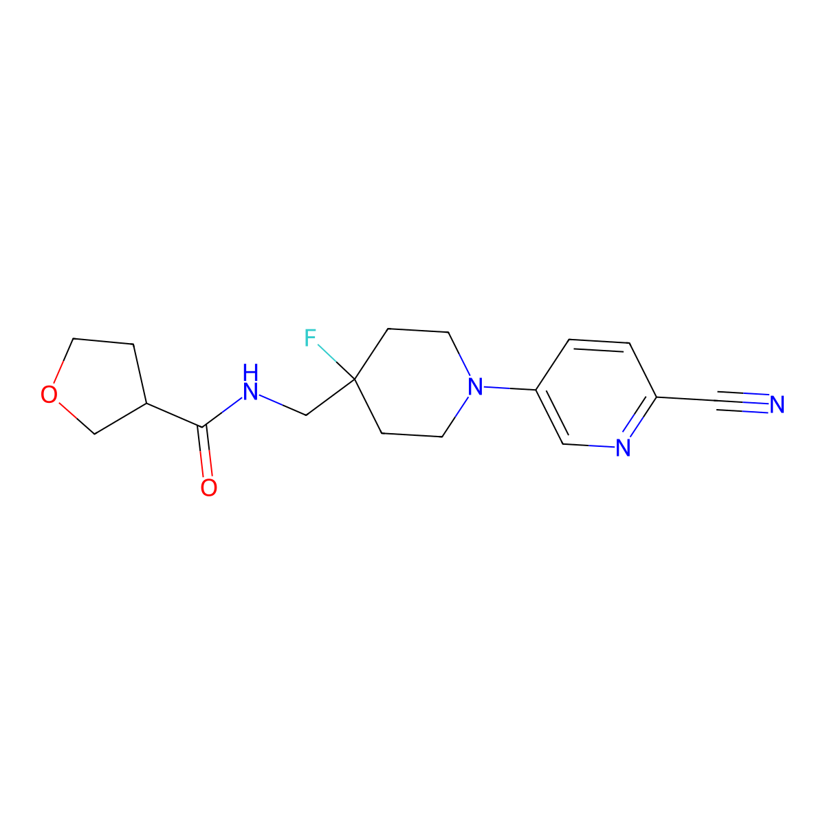 N-{[1-(6-cyanopyridin-3-yl)-4-fluoropiperidin-4-yl]methyl}oxolane-3-carboxamide molecular structure, CAS 2877763-87-4