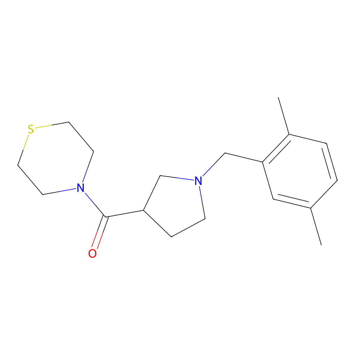 4-{1-[(2,5-Dimethylphenyl)methyl]pyrrolidine-3-carbonyl}thiomorpholine molecular structure, CAS 2877763-88-5