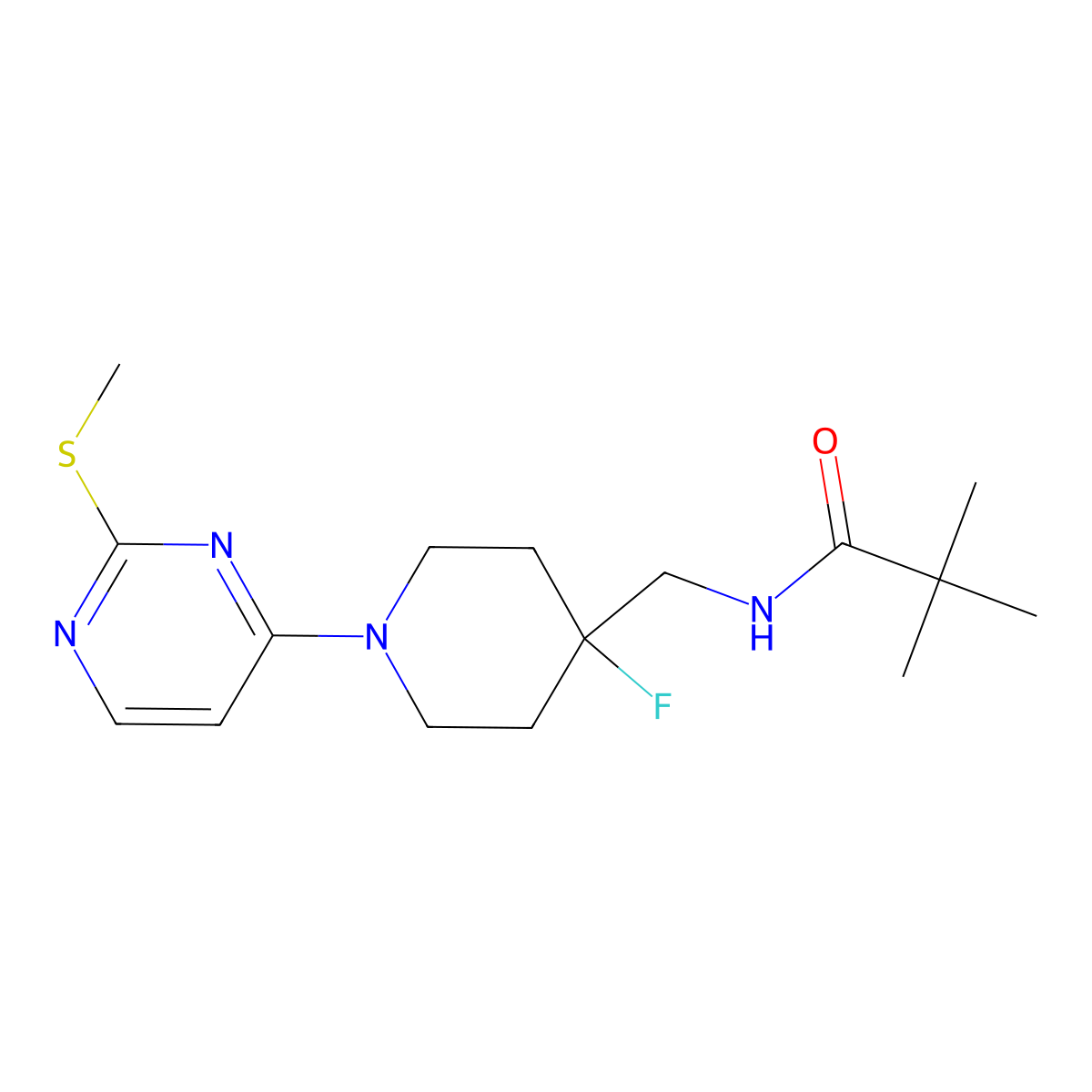 N-({4-fluoro-1-[2-(methylsulfanyl)pyrimidin-4-yl]piperidin-4-yl}methyl)-2,2-dimethylpropanamide molecular structure, CAS 2877763-94-3