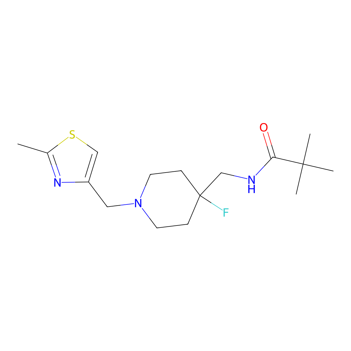 N-({4-fluoro-1-[(2-methyl-1,3-thiazol-4-yl)methyl]piperidin-4-yl}methyl)-2,2-dimethylpropanamide molecular structure, CAS 2877763-99-8