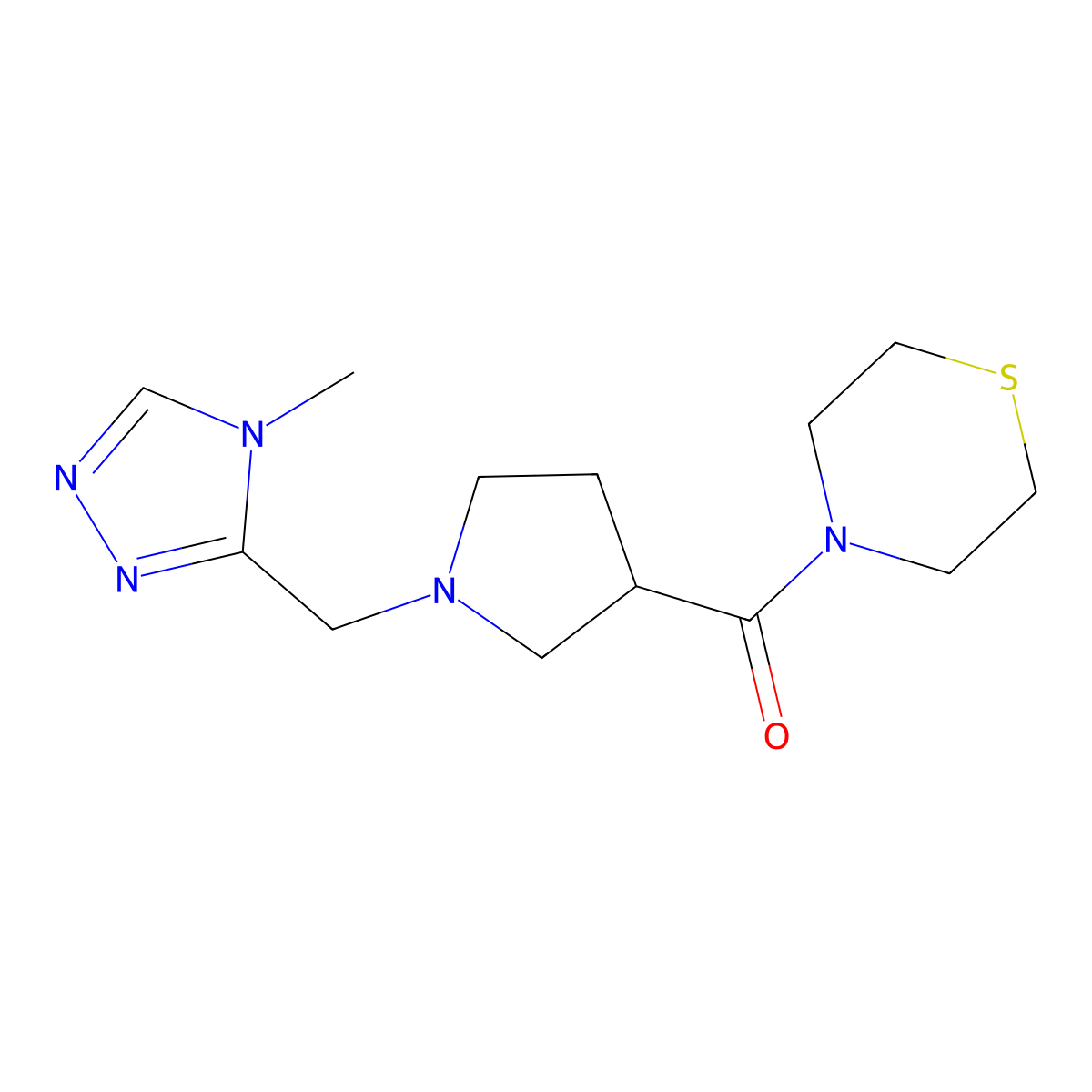 4-{1-[(4-methyl-4H-1,2,4-triazol-3-yl)methyl]pyrrolidine-3-carbonyl}thiomorpholine molecular structure, CAS 2877764-06-0