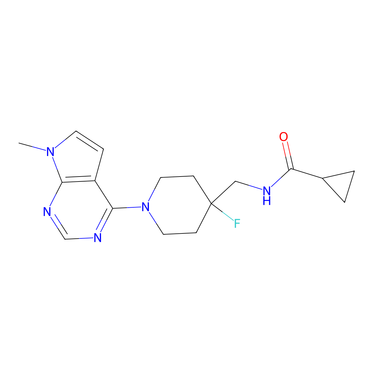 N-[(4-fluoro-1-{7-methyl-7H-pyrrolo[2,3-d]pyrimidin-4-yl}piperidin-4-yl)methyl]cyclopropanecarboxamide molecular structure, CAS 2877764-07-1
