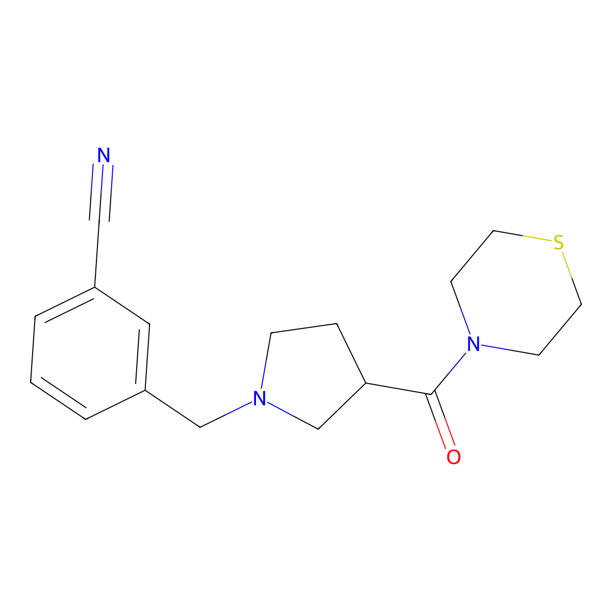 3-{[3-(Thiomorpholine-4-carbonyl)pyrrolidin-1-yl]methyl}benzonitrile molecular structure, CAS 2877764-11-7