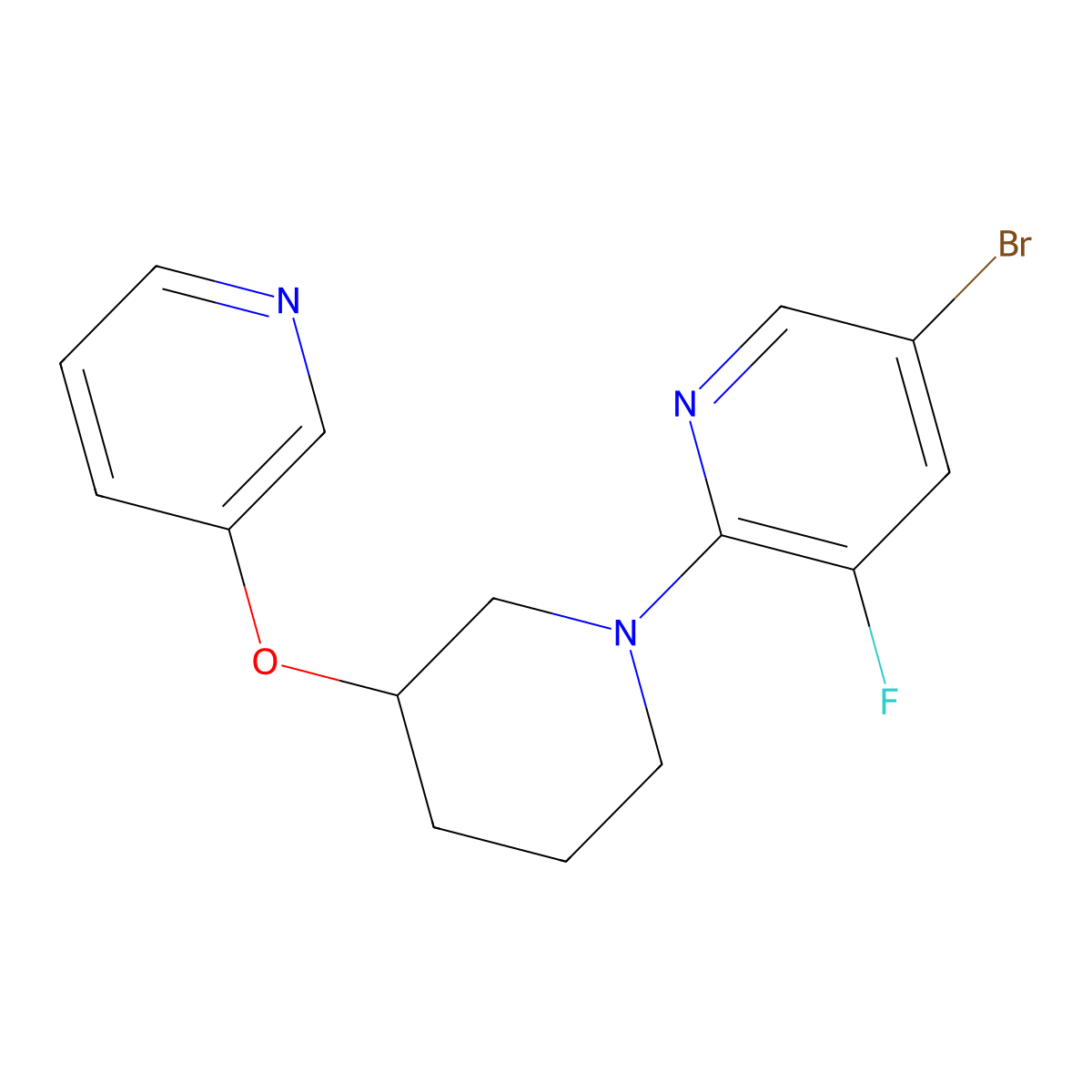 5-Bromo-3-fluoro-2-[3-(pyridin-3-yloxy)piperidin-1-yl]pyridine molecular structure, CAS 2877764-14-0