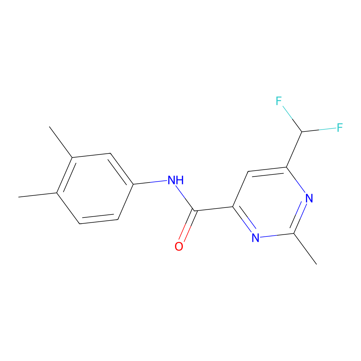 6-(difluoromethyl)-N-(3,4-dimethylphenyl)-2-methylpyrimidine-4-carboxamide molecular structure, CAS 2877764-15-1